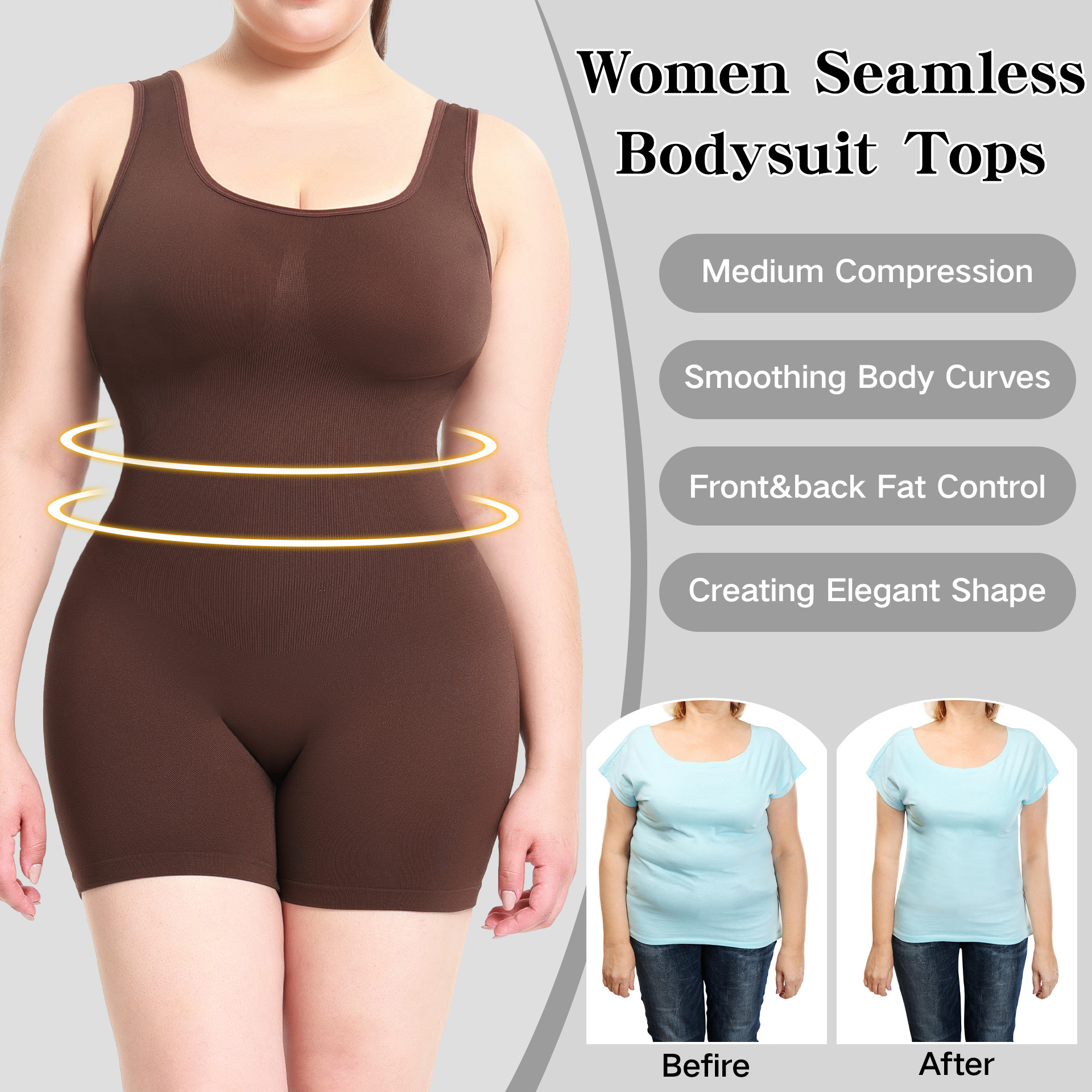 Womens Seamless Bodysuit - Sleeveless Body Shaper Romper Slimming Underwear